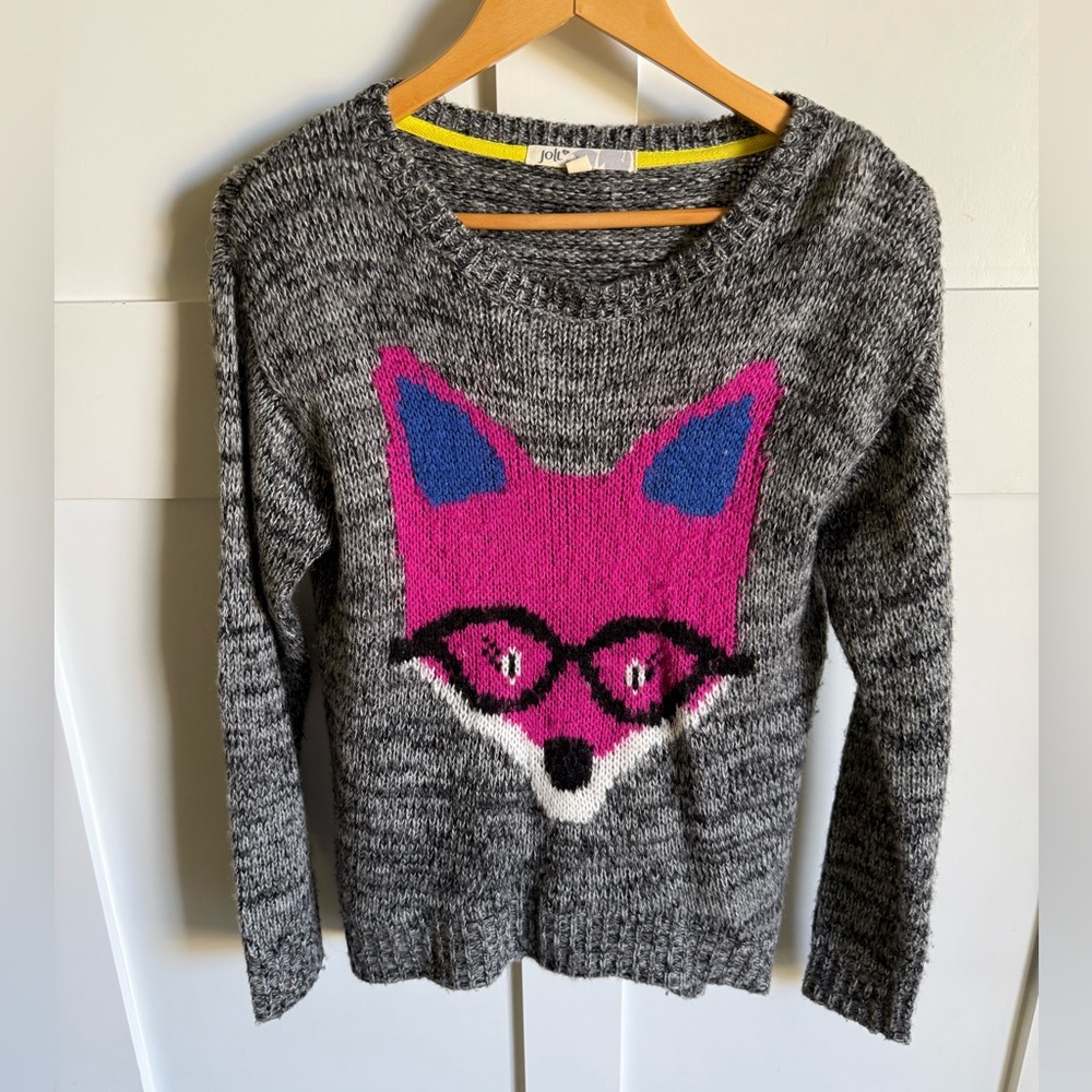 Women’s Jolt Black Woven Fox Lover Graphic Fuzzy Soft Sweater Shirt Size Small